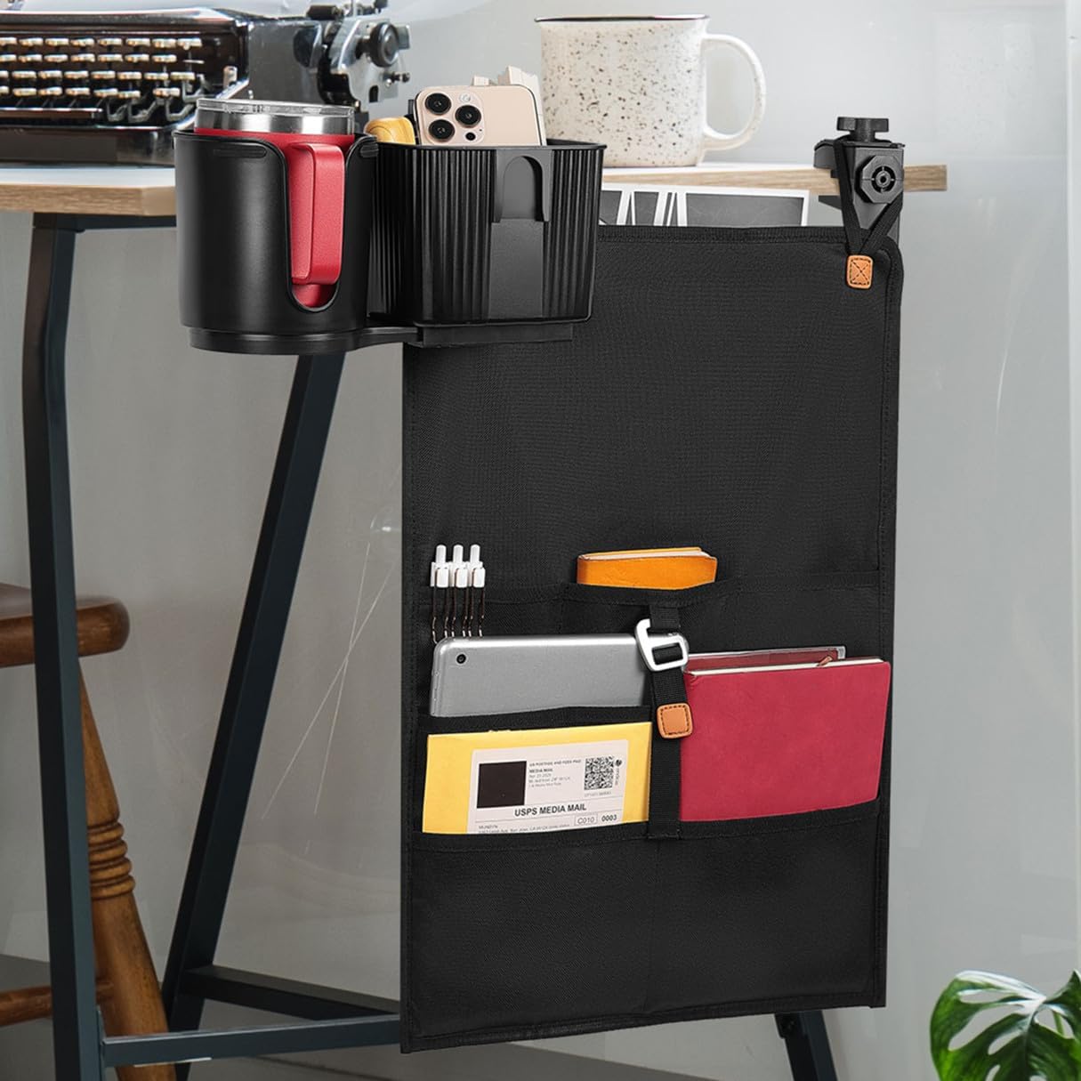 yamagahome Desk Cup Holder Clamp with Hanging Storage Bag, 2 in 1 Table Cup Holder