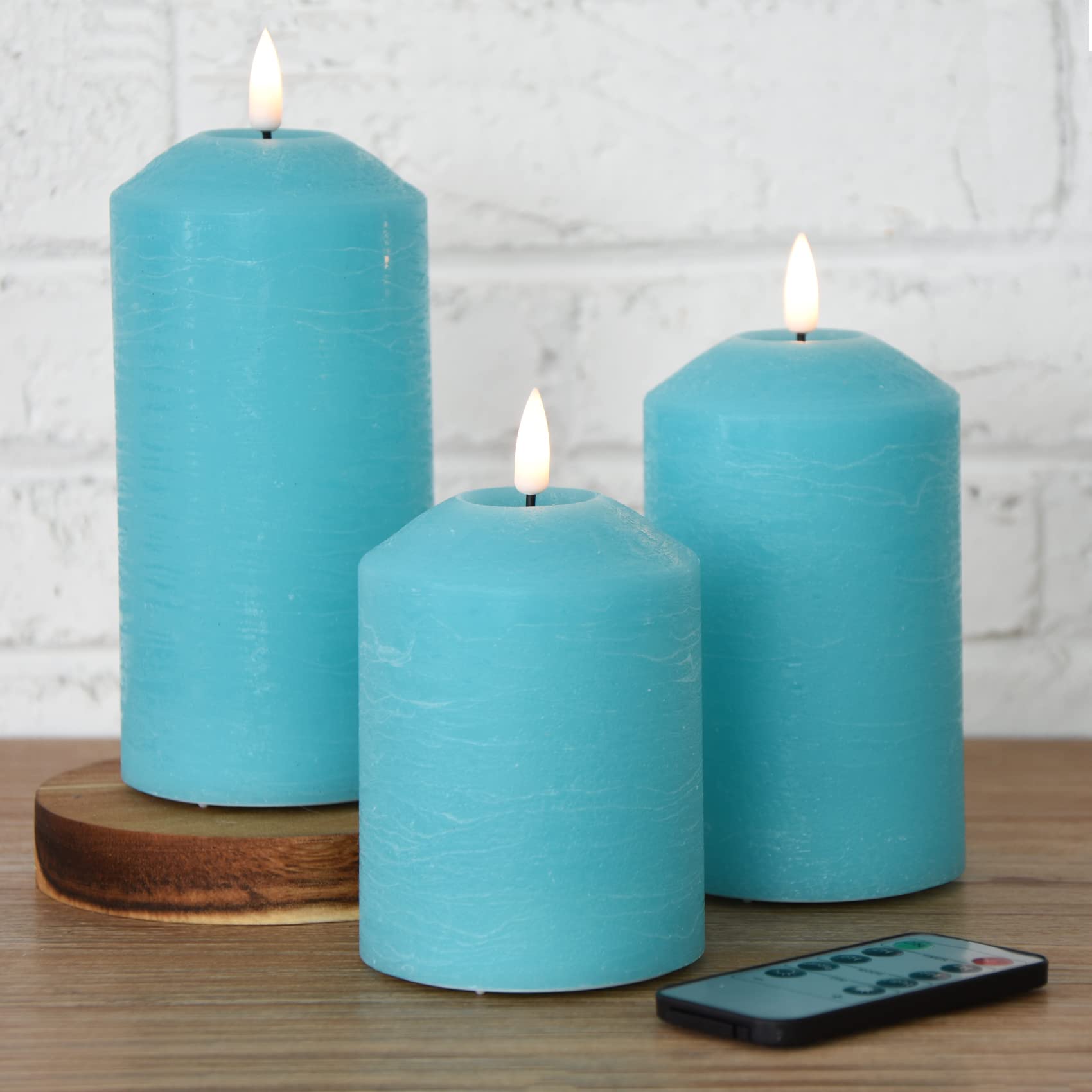 Eywamage Candele a LED blu turchese con telecomando, candele senza fiamma a batteria in vera cera tremolante D 3" H 4" 5" 6"