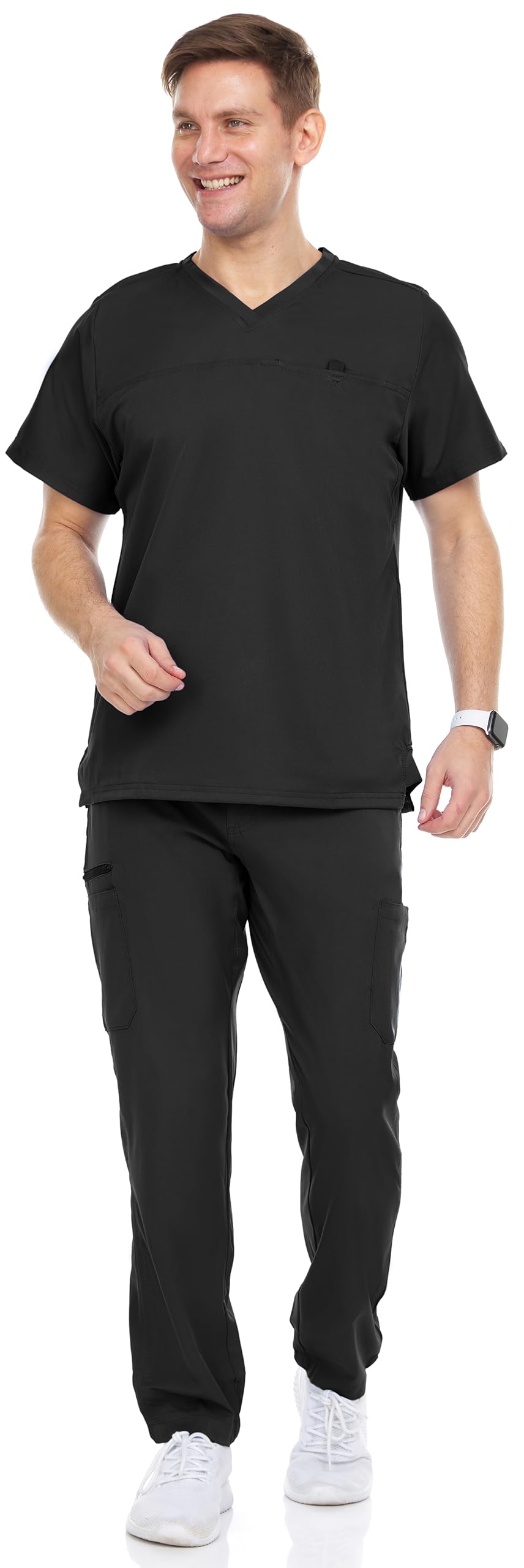 MediChic Men's Workwear Stretch V-Neck Scrub Set with Seven-Pocket Straight Scrubs Pants Set, Available in 6+ Colors