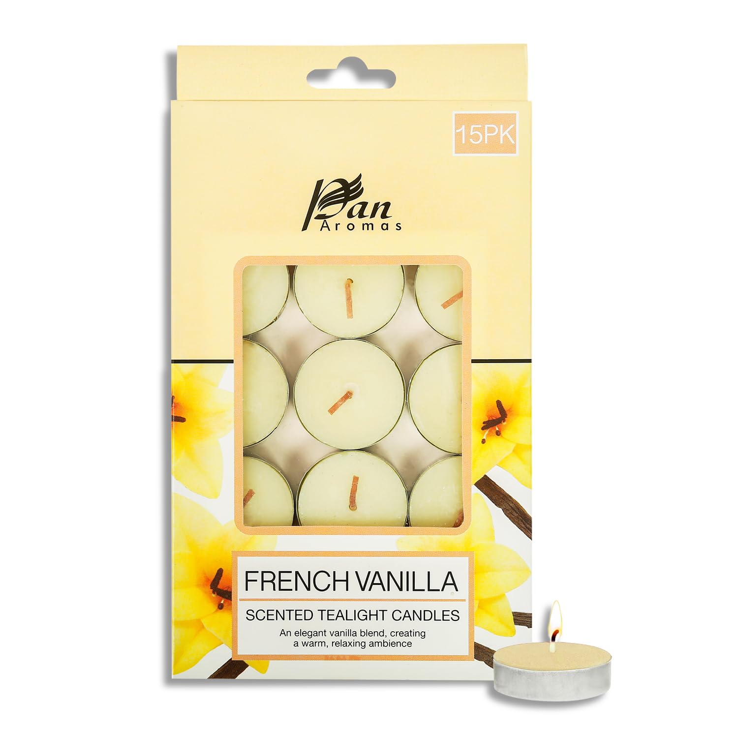 Pan Aromas - (French Vanilla) Scented Tealight Candles| Pack of 15| Long Burning Tealight Scented Candles for Home, Office & Gifting - 2.5 hrs to 3 hrs Burn Time