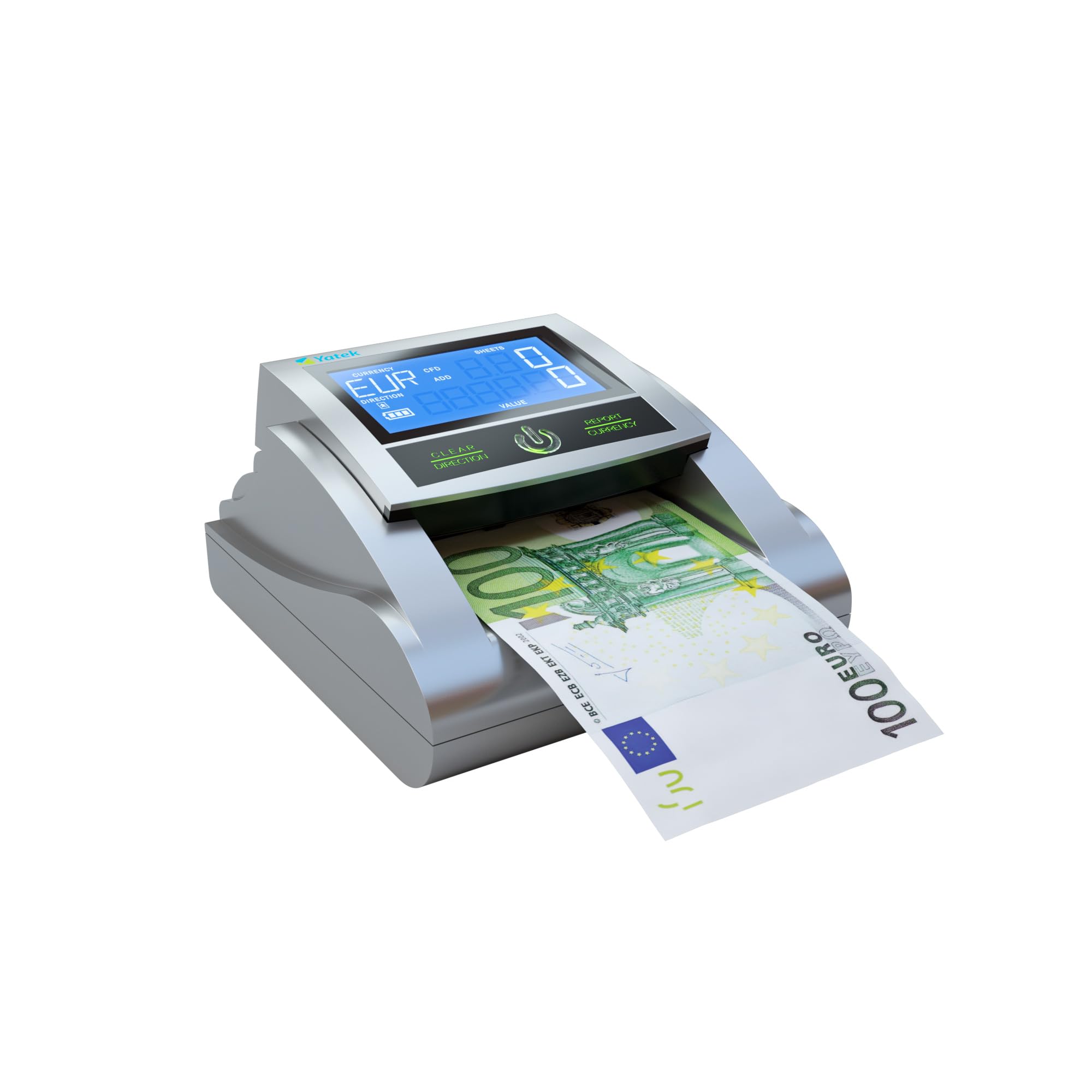 YATEK Rilevatore di banconote false EC580 con 6 metodi di rilevamento, con batteria inclusa e Pronto per le nuove banconote da 100 e 200 €