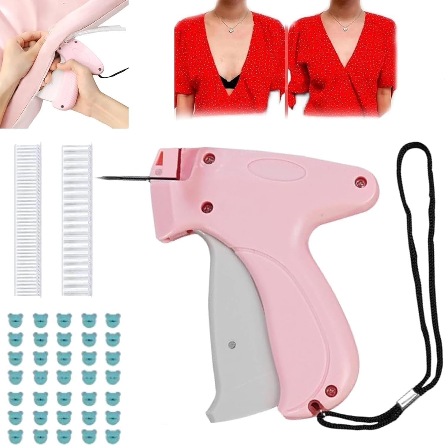 lomdung Fixateur Rapide Pour Vêtements, Pistolet à Coudre Pour Courtepointe, Micro Stitch Gun for Clothes, avec 50 Boutons D'ours - 660 Aiguilles, Pour Réparation Rapide de Vêtements, Rose
