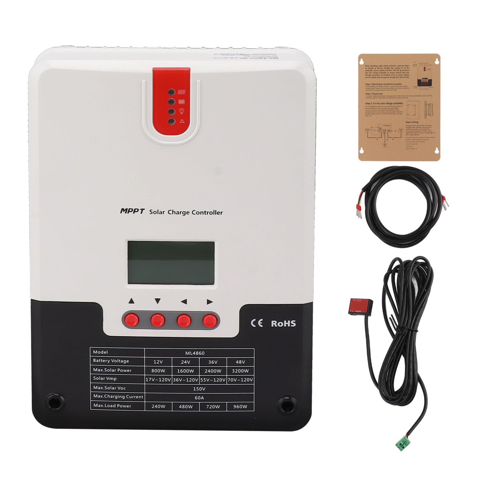 Regulator Panelu Słonecznego, 60A MPPT Słoneczny Sterownik ładowania Słonecznego 12V 24 V 36V 48V Panelu Słonecznego Regulator Akumulatora 4 -stopniowe Wyświetlacz LCD, Kontrolery Energii