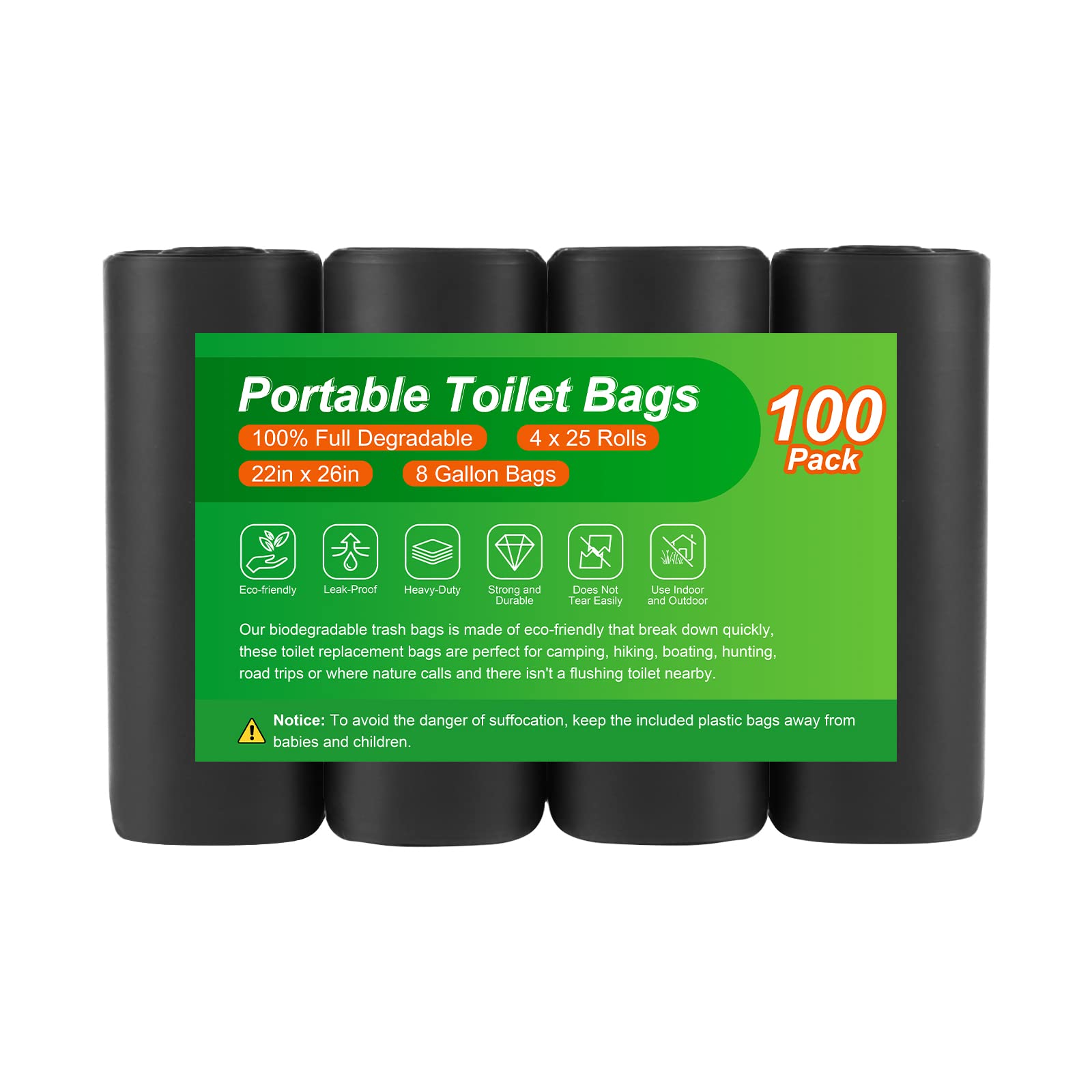 Siewl 100 Portable Toilet Bags, Camping Toilet Bags Full Degradable Toilet Bags, 8 Gallon Porta Potty Bags Waste Bags Compostable Bags for Adults Outdoor Camping Hiking Boating Car Travel Patients