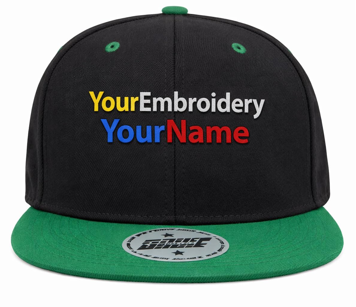 MFAZ Morefaz Ltd Snapback Cap Flat Peak Personalised Your Own Embroidery Hats Custom Name,Text Embroidered (Black-Emerald)