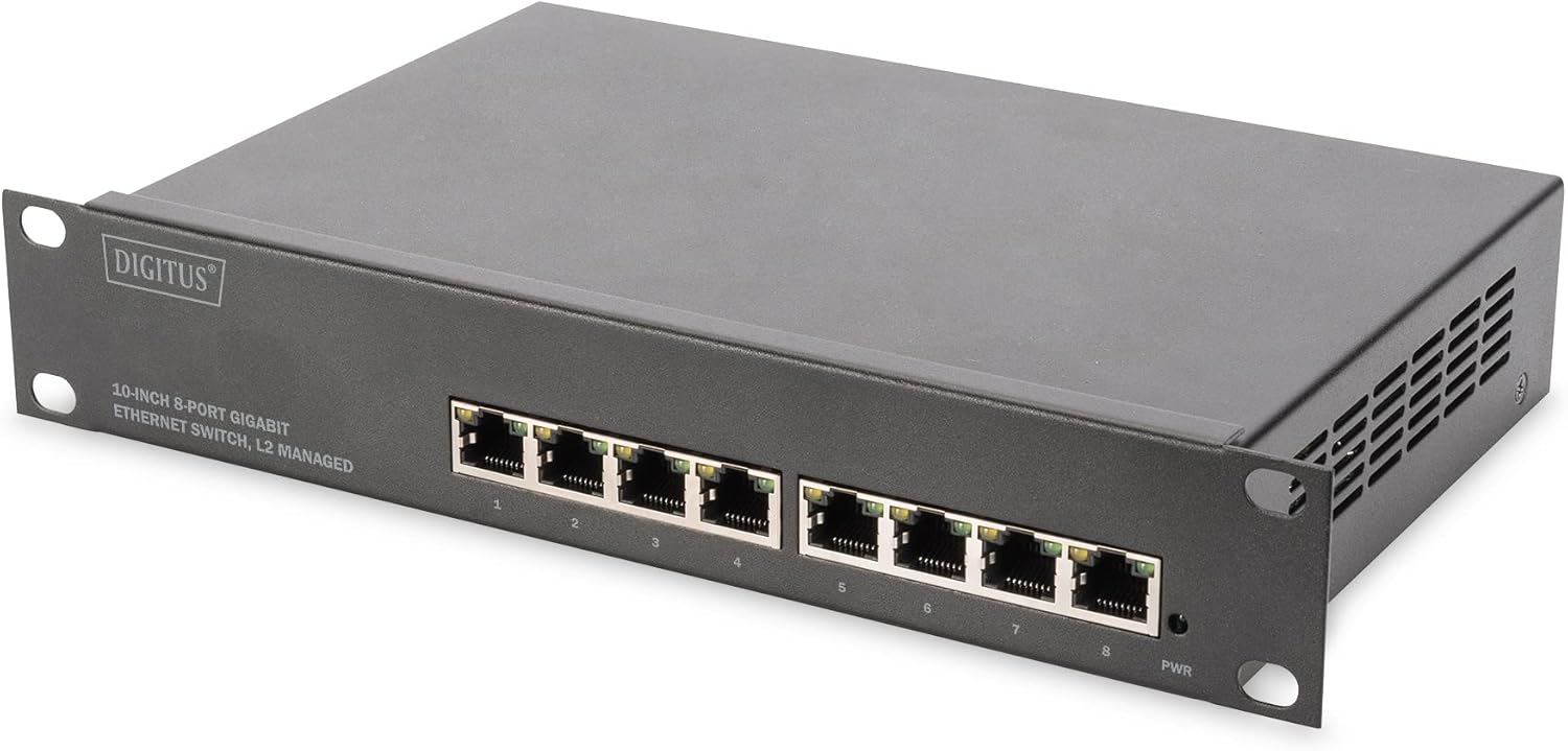 DIGITUS Gigabit Ethernet Switch - 10 Inch - 8 Ports - L2+ Managed - VLAN, Link Aggregation & Port Control - Black