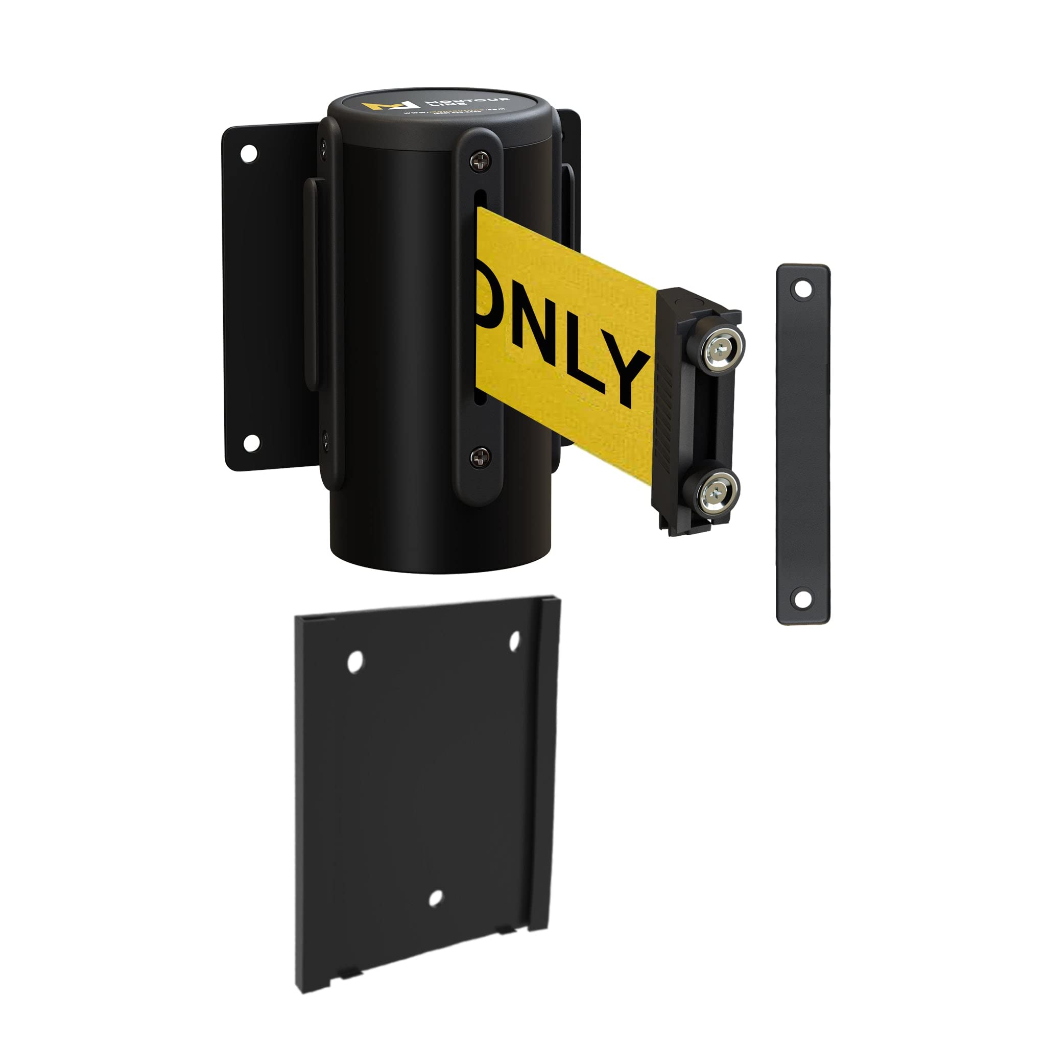 Montour Line WM115 Wall Mounted Retractable Belt Barrier with Magnetic Belt End, Removable Mount, Black Casing (11 ft Yellow with "Authorized Access