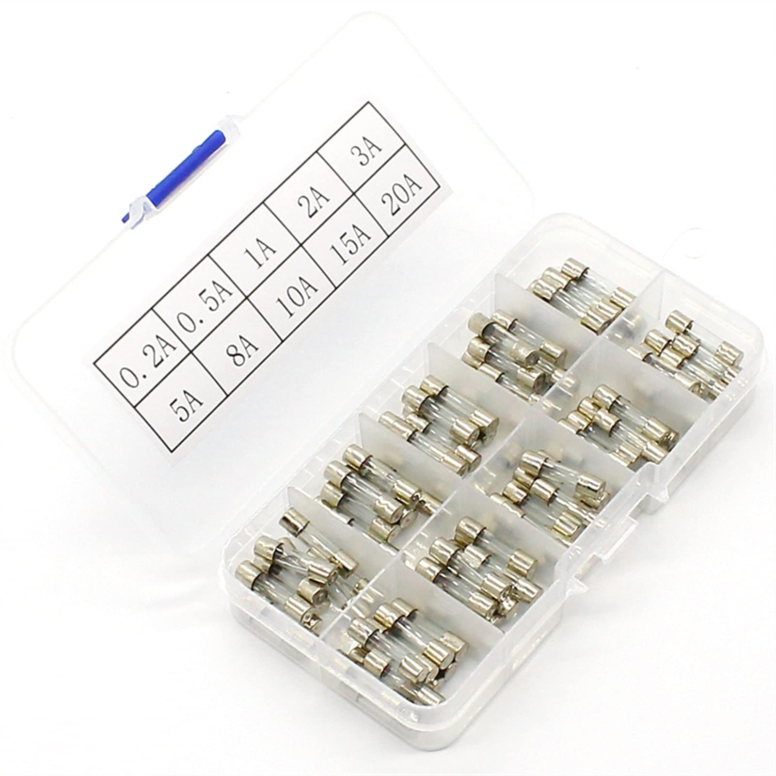 AVSBBYEPS Fuse 100Pcs Set 5x20mm Quick Blow Glass Tube Assorted Kits,Fast-Blow Fuses