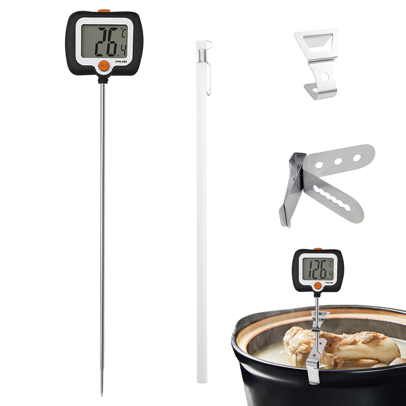 Digital Cooking Temperature Gauge,Long Probe Meter with Pot Clip | Deep Fry Oil Temperature Gauge with Rotatable Display - for Restaurant Cooking Grilling BBQ Outdoor Sugar Brewing Frying
