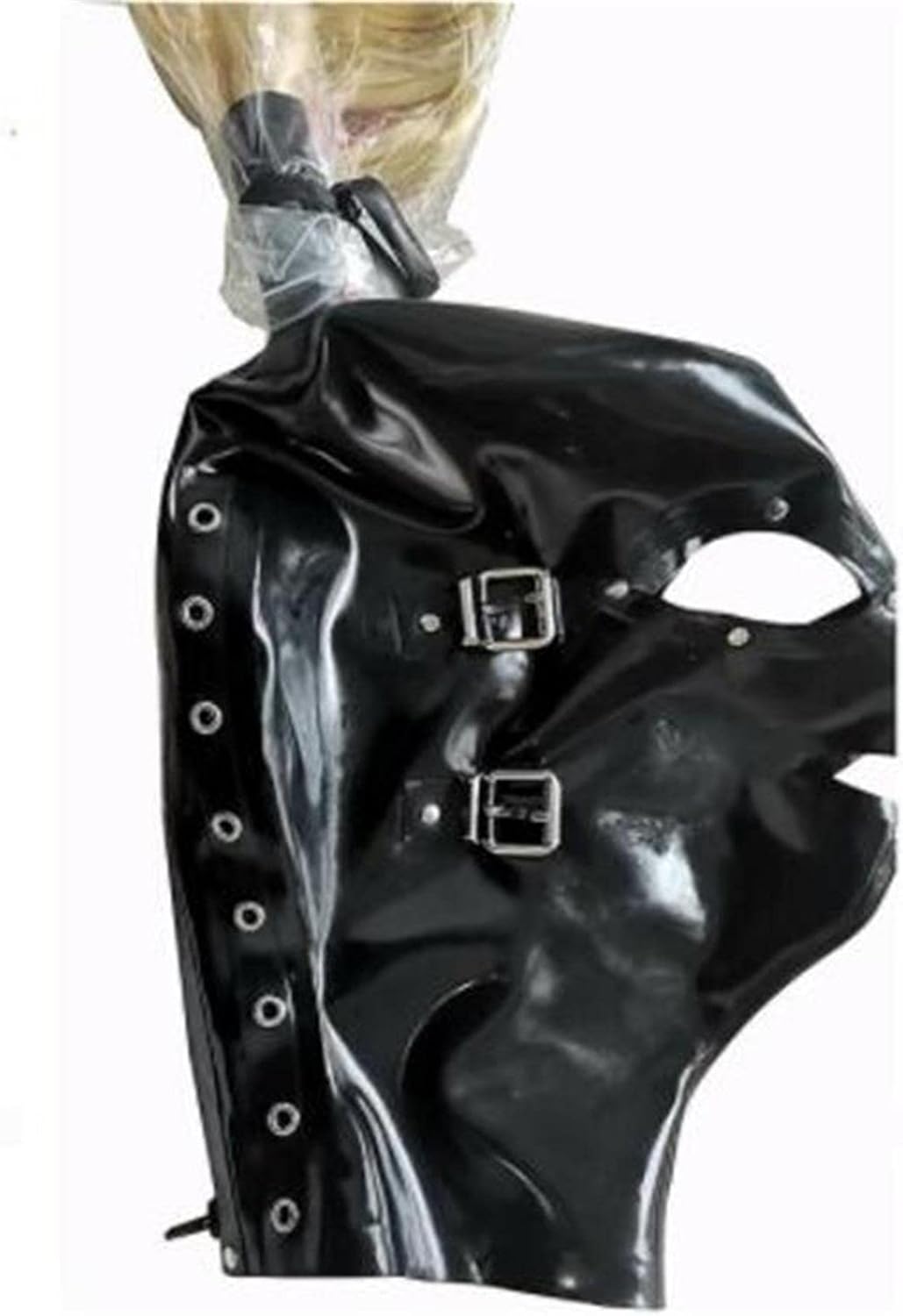 Latex Head Cover with Wig Ponytail Sexy Latex Head Face Hood Rubber HeadMask Back Zipper for Cosplay Party Club Wear (M)