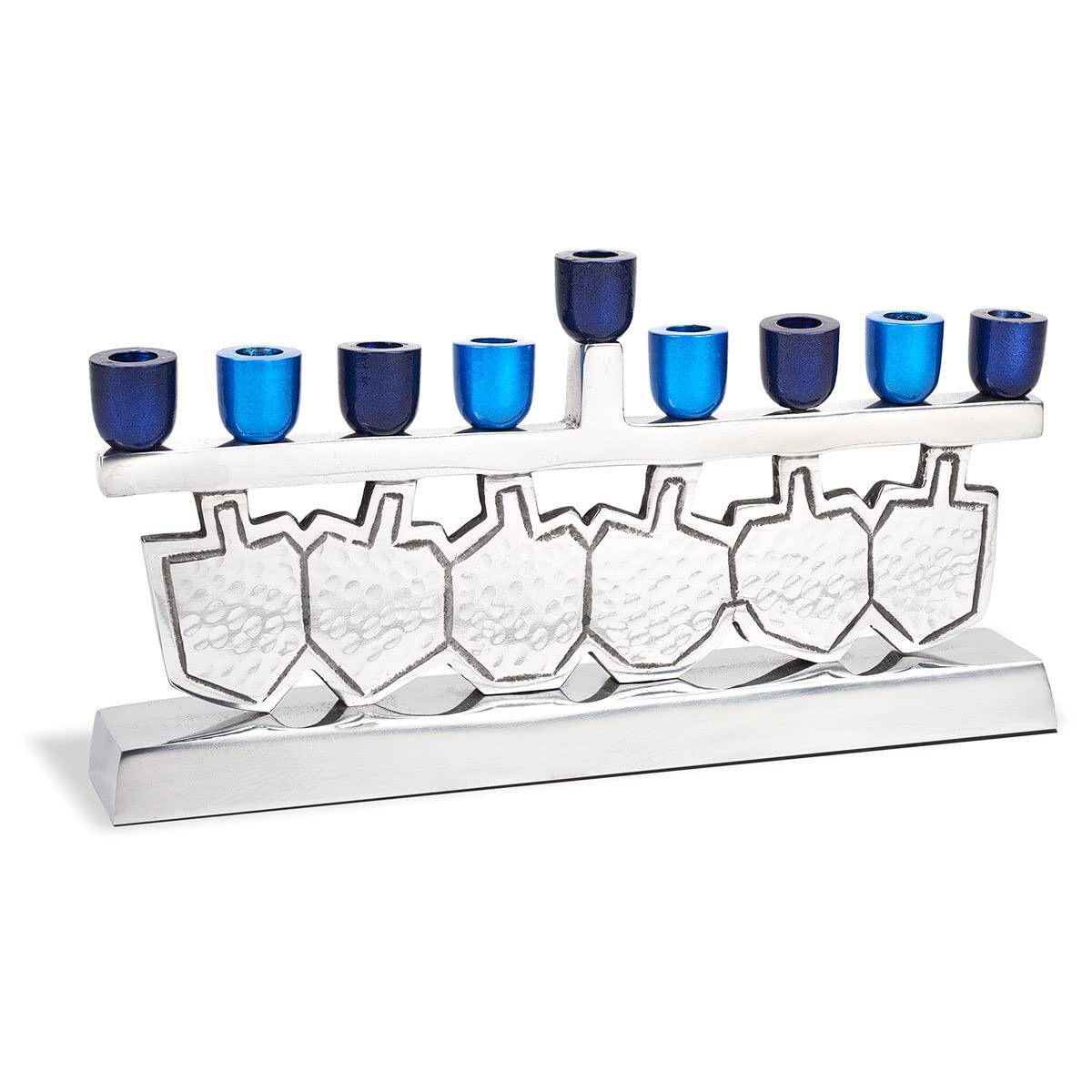 Zion Judaica Ltd Multi Blue Dancing Dreidels Menorah With Multi-Blue Anodized Candle Cups - Fits Standard Hanukkah Candles - Exciting Driedels Designed Candle Minorah Perfect For Chanukah - Hannukah Decorations By Zion Judaica