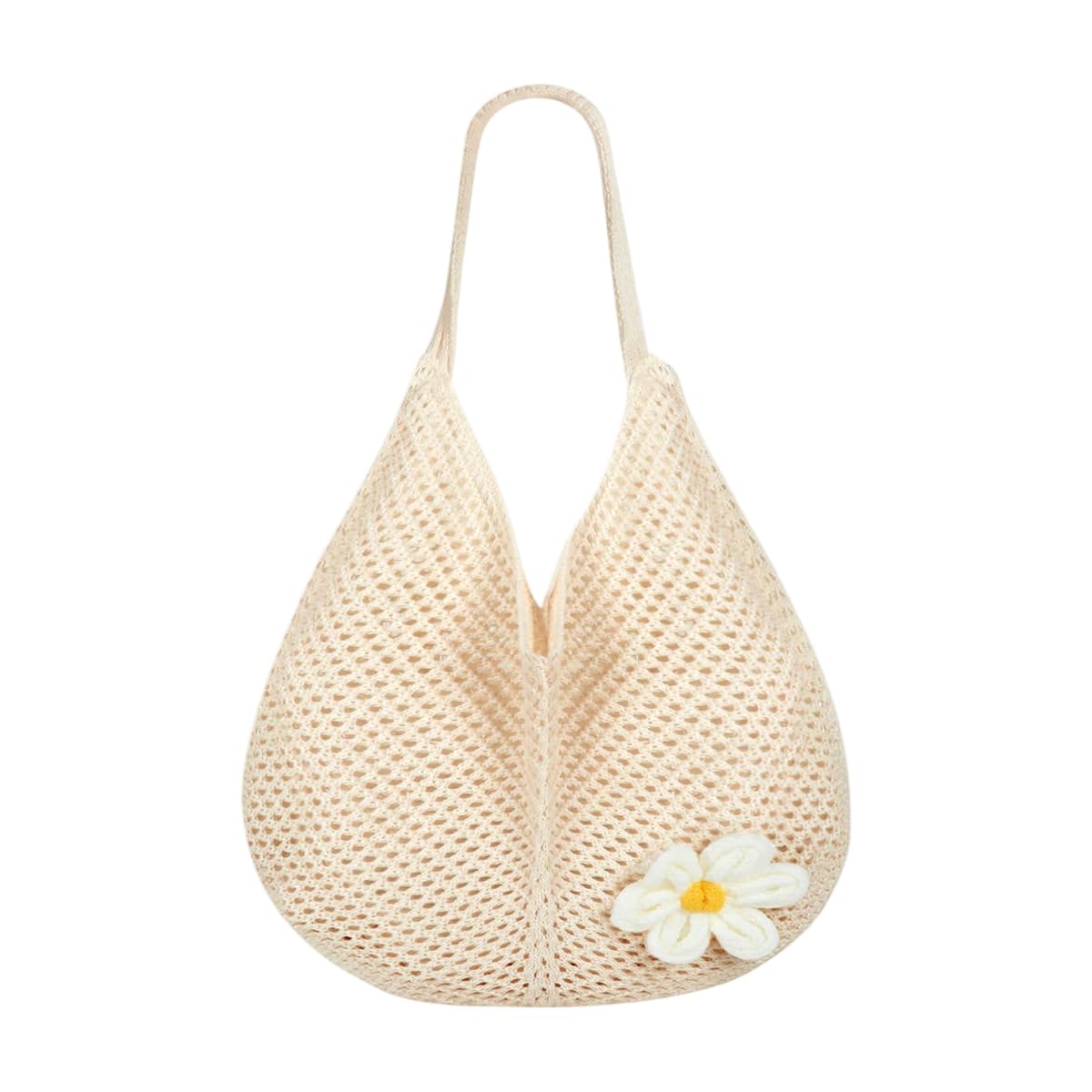 tote bag for woman crochet mesh beach shoulder bags with flower brooch summer vacation knitted bag for women shoulder