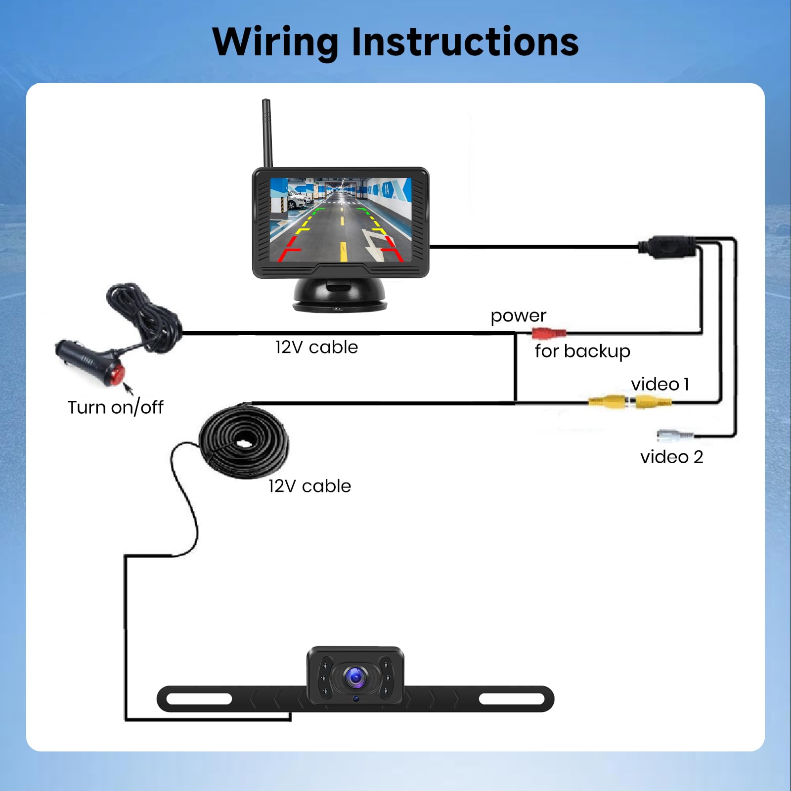 Rimoody kamera cofania bezprzewodowa IP69K 4,3 cala HD IPS monitor - bezprzewodowa pomoc w parkowaniu z regulowanymi liniami prowadzącymi, kamera 720P i 115° kąt widzenia dla samochodów osobowych