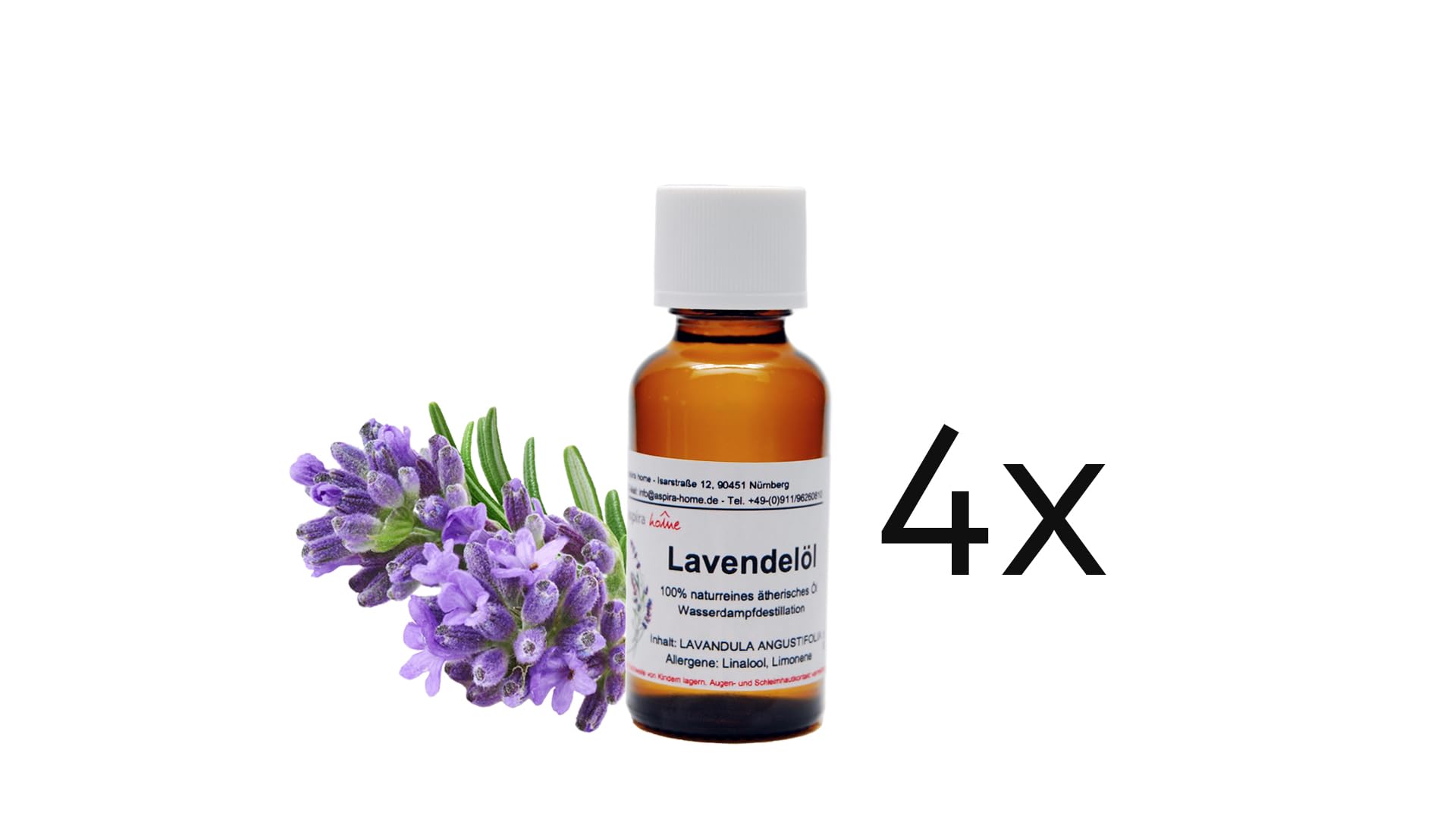 Aspira Home Aceite esencial de lavanda natural puro 4 x 30 ml en botella de cristal con pipetas