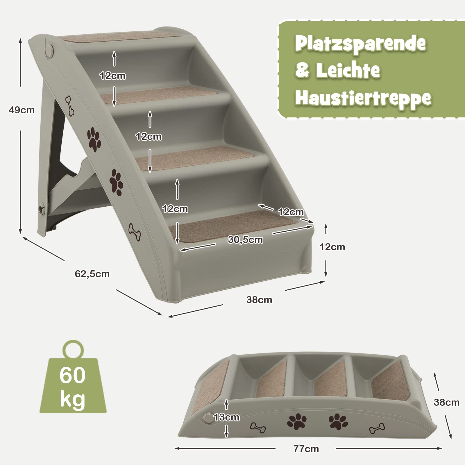 COSTWAY 4-stufige Haustiertreppe mit Teppichboden, Hundetreppe Kunststoff Katzentreppe faltbar, Hunderampe tragbar Tiertreppe für Hunde und Katzen, Tierrampe zum Klettern und Kratzen (Grau)