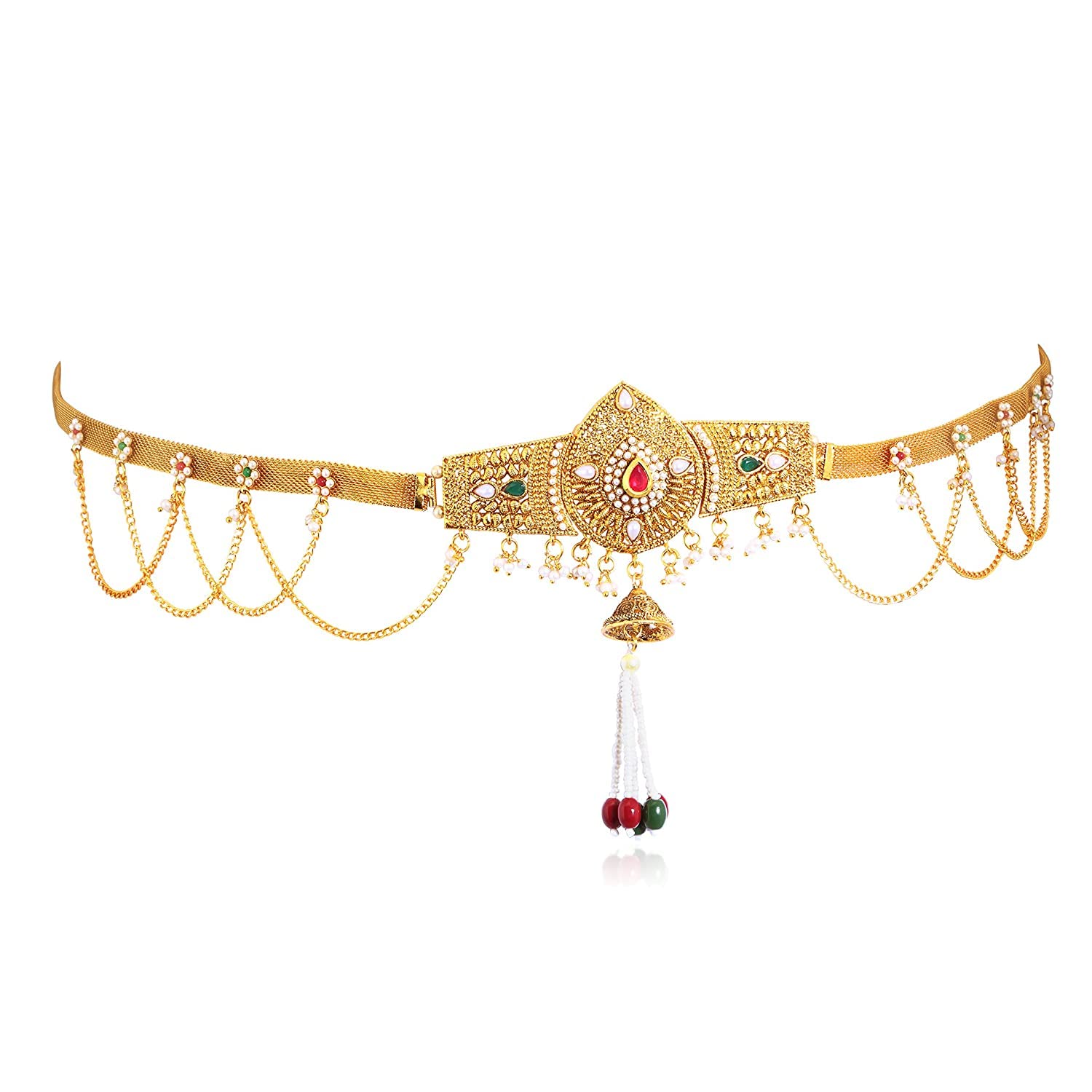 bhumi creation Brass Goldplated Faux Emerald, Ruby, American Diamond, Kundan & Pearls Long Adjustable Traditional Kamarbandh Waistbelt Wedding Jewellery Bridal Women (Free Size)-picture-10