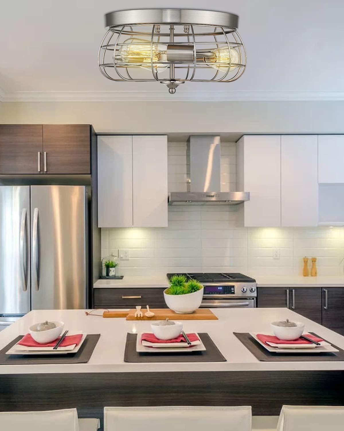 Blасk Frіdау Clеаrаnсе Harriet Industrial 3-Light Vintage Metal Cage Flush Mount Ceiling Light, Brushed Nickel Finish, Retro Ceiling Lighting Fixture for Bedroom, Dining Room, Living Room, Farmhouse Lighting, HCL03BN-3