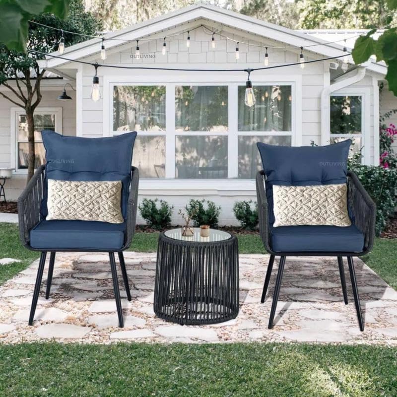 OUTLIVING Rattan Wicker Outdoor Coffee Table with 2 Chairs Garden Patio Furniture Set Outdoor Garden Balcony Bistro Sets Patio Seating Chair and Table Set (168 Black)-image-28