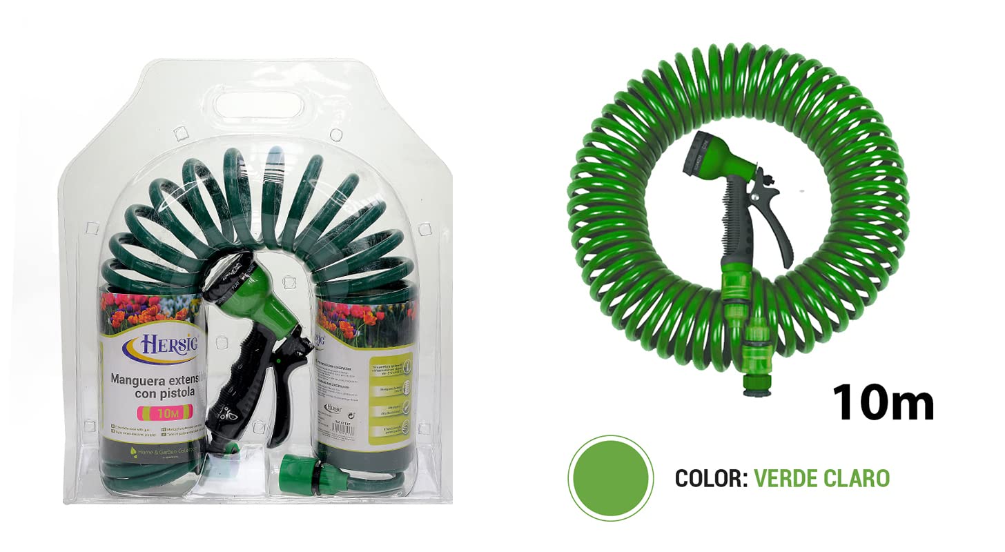 HERSIG - Manguera de Riego Espiral Extensible 10m – Verde Oscuro | Incluye Pistola de Riego Multichorro Ergonómica y Conectores | Ideal para Terrazas, Balcones, Jardines Pequeños