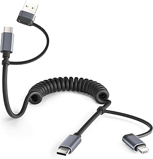 Basesailor For iPhone 17 16 Pro Max Car Charger Coiled Cable 1 m 4 in 1 Multi USB C Charging Cable Universal Apple CarPlay Fast Charging Cable with Lightning and USB C Adapter for iPhone 15 14 13 12