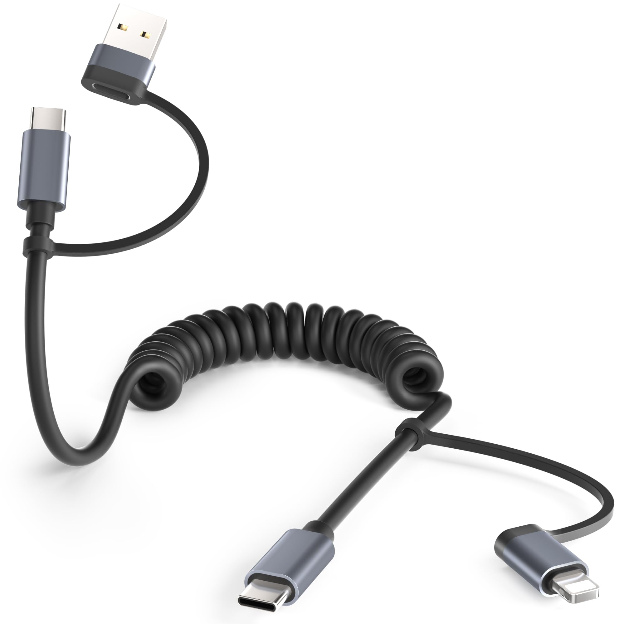 Basesailor für iPhone 17 16 Pro Max Auto Ladegerät Spiralkabel 1M,4 in 1 Multi USB C Ladekabel Universal Apple CarPlay Schnellladekabel mit Lightning und USBC Adapter für iPhone 15 14 13 12 Plus Mini