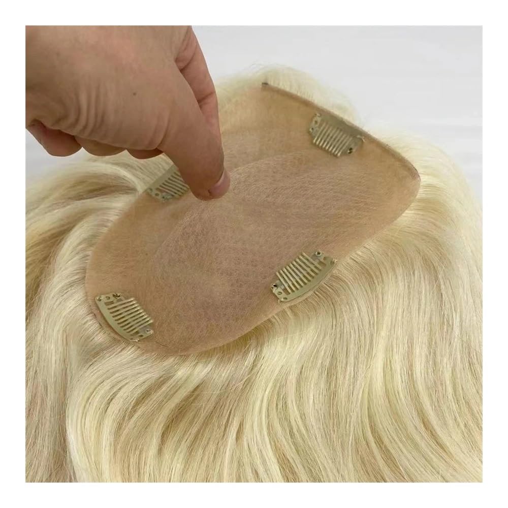 Suplement do włosów z ludzkich włosów jasny blond 12x13 cm, jedwabna podstawa, europejskie ze włosy, z antypoślizgowymi klipsami dla kobiet, zwiększające objętość włosów (16 cali)