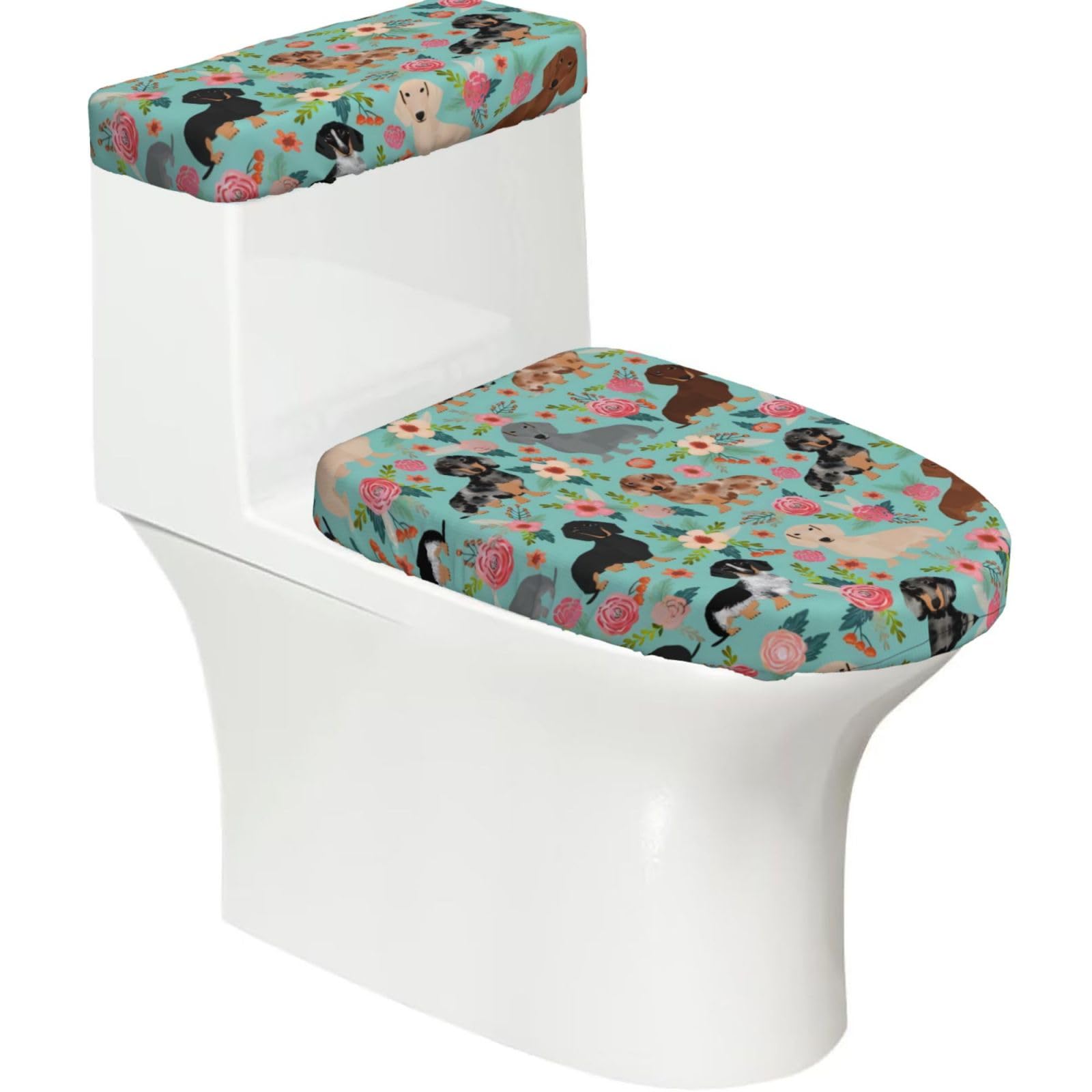 Wzycwb Black Dachshund 2-Piece Toilet Seat Cover Set With Tank Lid, Elastic Fit For U-Shape & Elongated Toilets, Bathroom Decor, Housewarming Gift