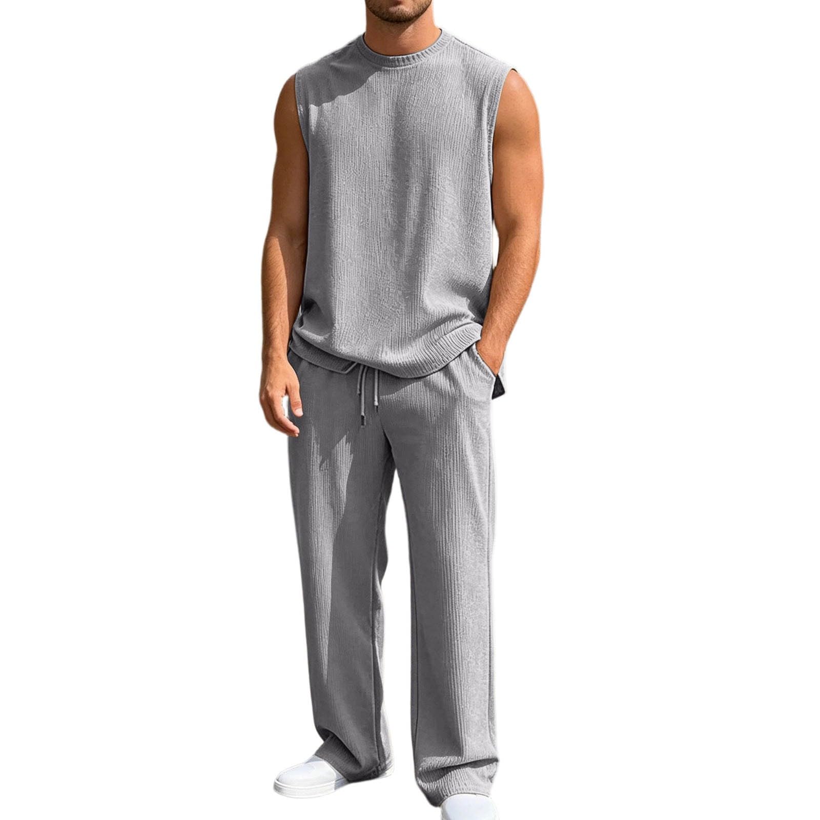 Elegante canotta e pantaloni in maglia per canotta senza maniche con a maglia e pantaloni a gamba larga, sofisticato completo due pezzi per il tempo libero e il relax
