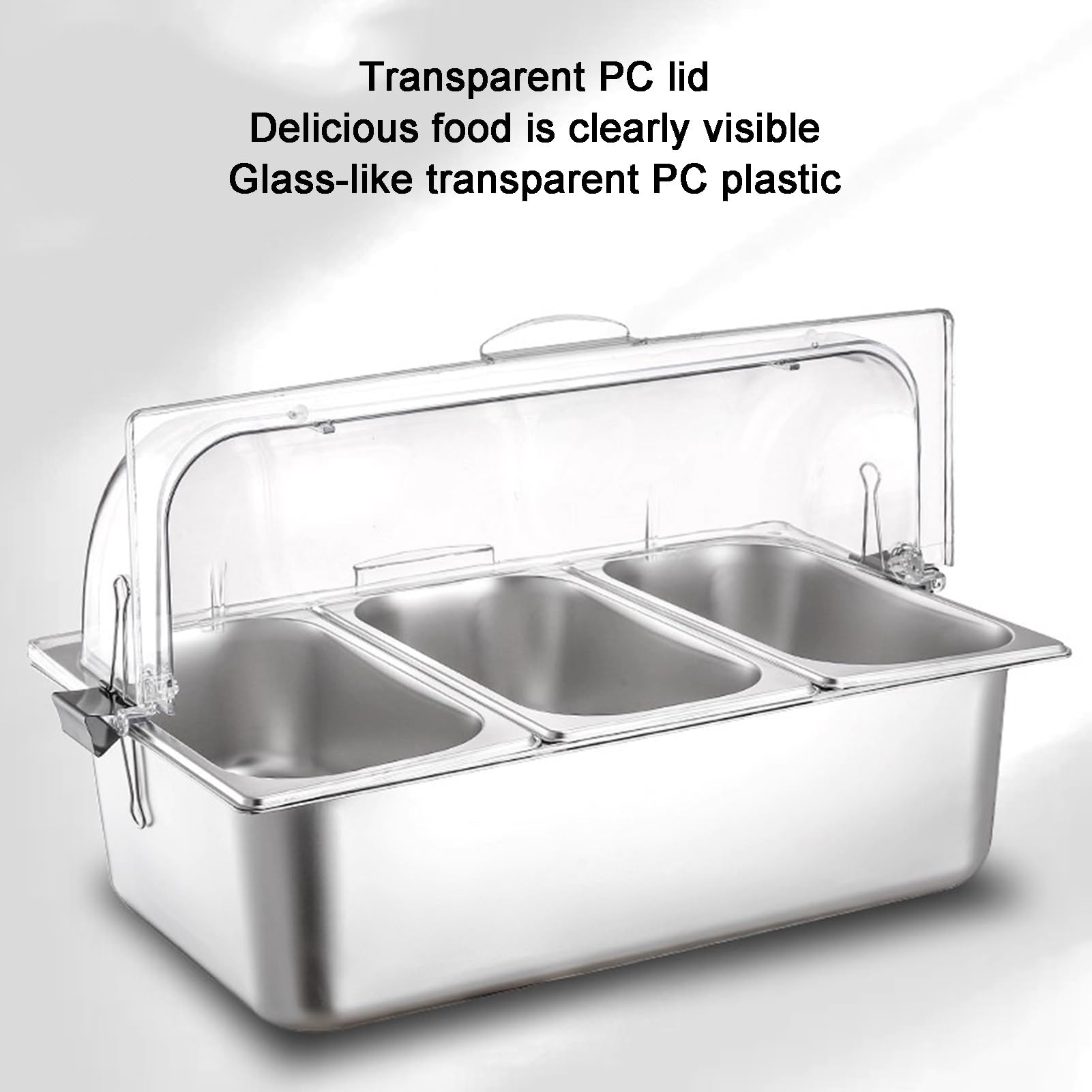 Vassoio da portata in acciaio inox con coperchio trasparente arrotolabile, dispenser per condimenti da buffet, espositore per alimenti, insalata, bar, padelle, organizer (10 cm, 2 griglie) perfetto