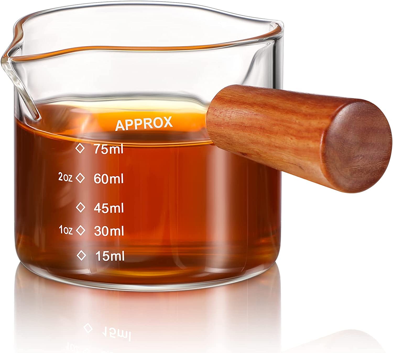 Double Spout Espresso Coffee Shot Glass with Wood Handle Measuring Triple Pitcher Milk Cup 75 ml Replacement Carafe for Barista Coffee Carafe Milk Espresso Making (75ml)