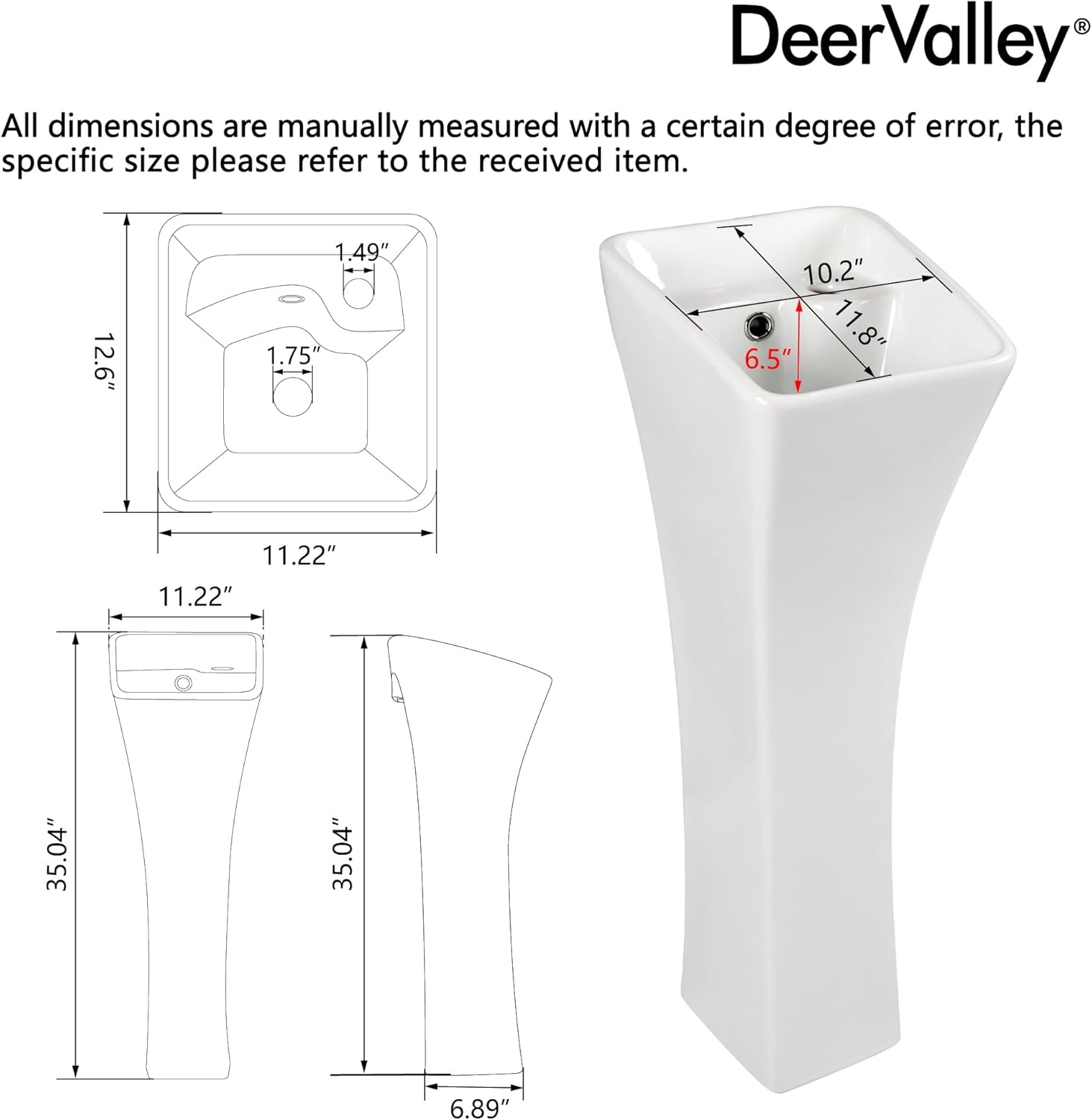 DeerValley Horizon Bathroom Pedestal Sink, 11"L x 13"W x 35"H Small Pedestal Sink, Ceramic One Piece Bath Sink with Overflow and Pre-Drilled Hole, Freestanding Modern Sink in White, DV-1P529