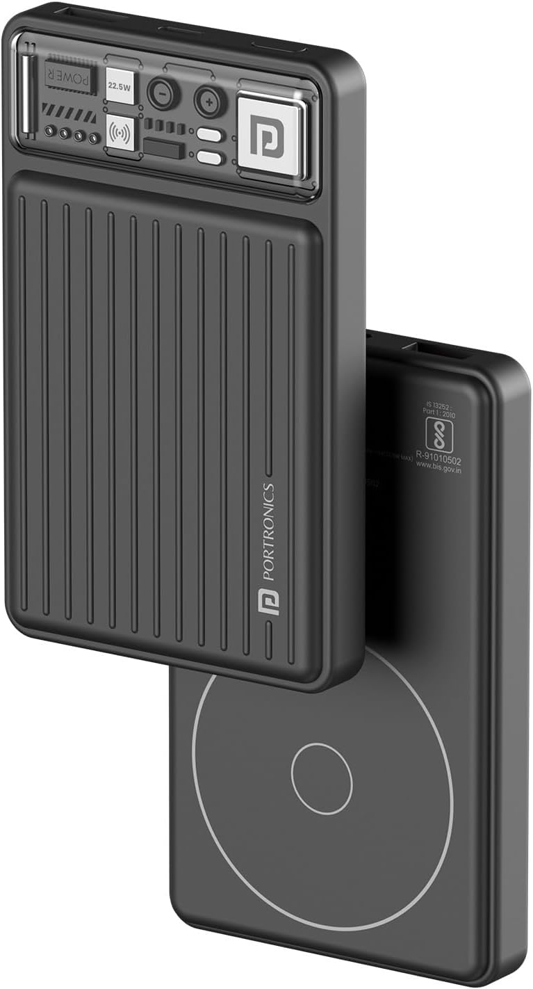 PortronicsLuxcell Wireless Mini 10k 10000mAh 15W Magnetic Wireless Fast Charging Nano Power Bank with 22.5 Wired Output Compatible with iPhone 12 & Above & Other QI Enabled Devices(Black)