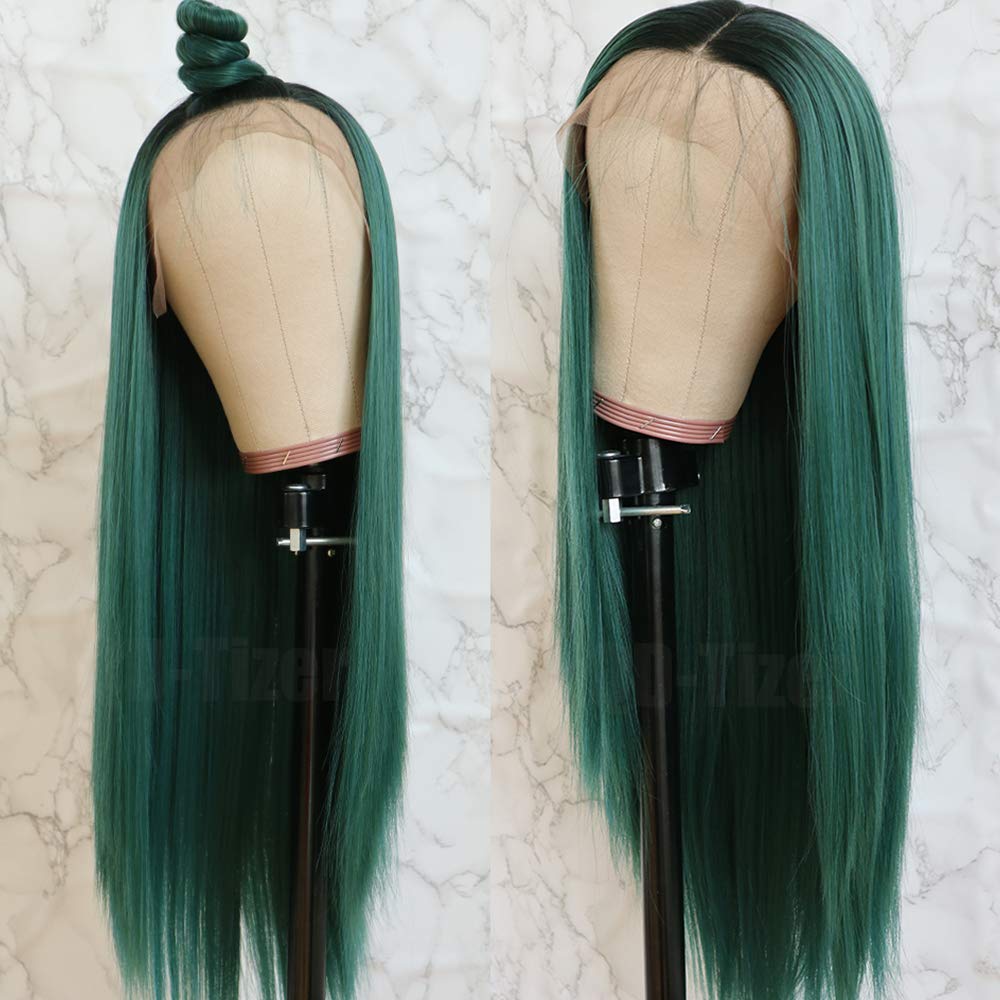 QD-TizerLace Front Wigs, Long Straight Hair Ombre Green Wig Glueless Heat Resistant Fiber Hair Synthetic Lace Front Wigs for Fashion Women