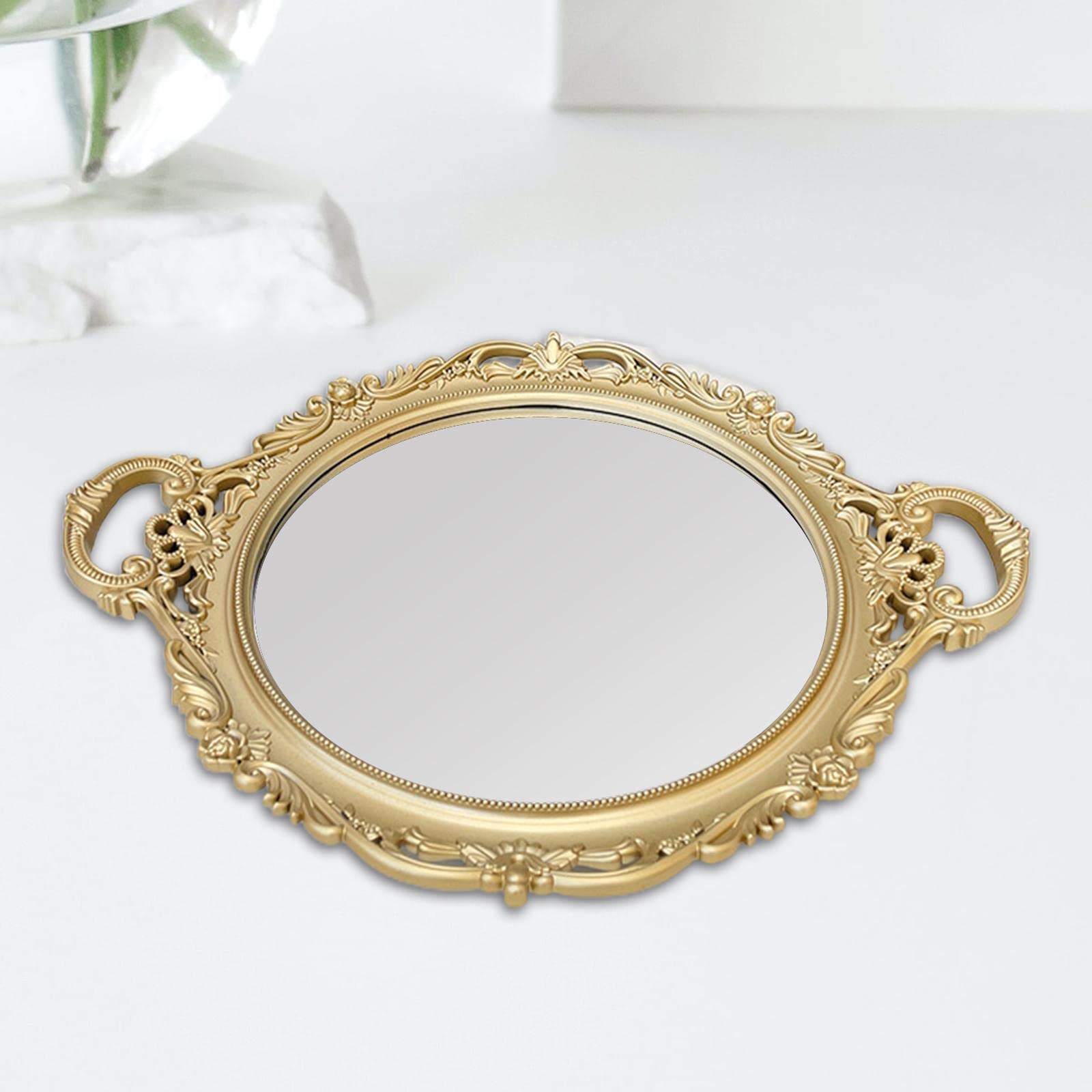 Bandeja Espejo Decorativa con Diseño Retro Bandeja Perfume Bandeja Platos Merienda Bandeja Organizador de Accesorios PP Adecuada para Vestidor Salón O, Dorado, 40cmx23cm