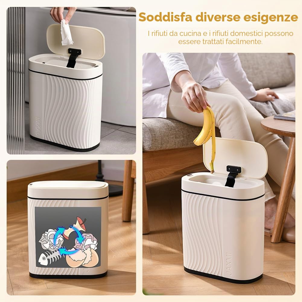 Bidone della spazzatura per bagno e camera da letto, 8 l, pattumiera anti odore automatico con sensore, per bagno e cucina, bianco