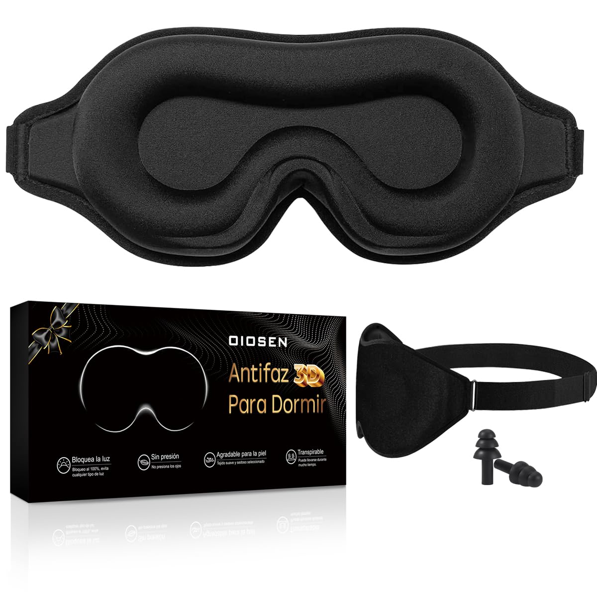 Antifaz para dormir 3D para mujeres y hombre, antifaz para dormir para una oscuridad absoluta, tejido transpirable con correa ajustable para siestas, viajes - M-negro