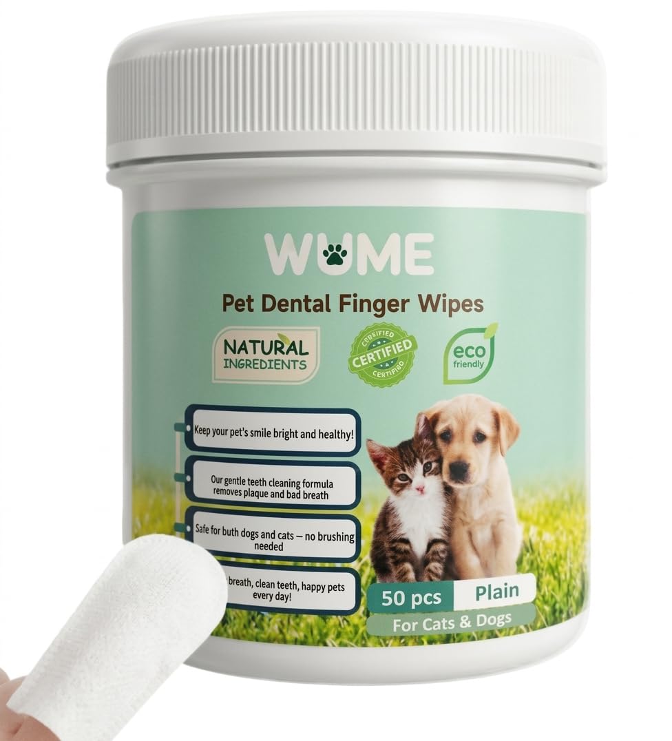 WUME Pet Dental Finger Wipes for Dogs & Cats – Vet-Inspired Teeth Cleaning Wipes that Fight Bad Breath. Dog Dental Wipes & Toothbrush Alternative. Gentle, Alcohol-Free, Disposable, 50 Counts