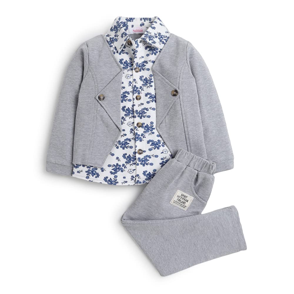 Hopscotch Boy's Cotton Floral Shirt With Attached Jacket Pant Set