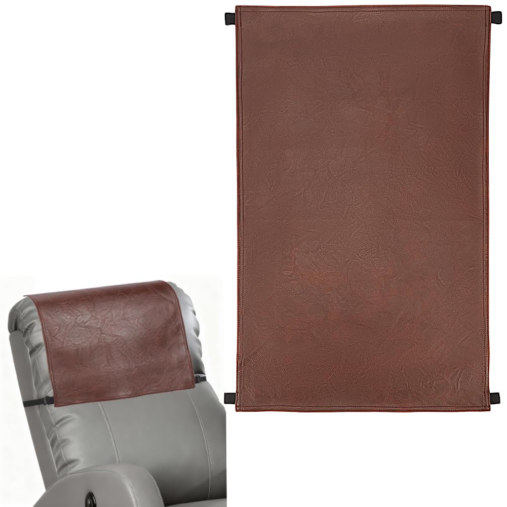 CALFOVERA Leather Recliner Head Protector Nonslip Headrest Cover Coconut Brown Imitation Leather Non Slip Rectangle Waterproof Pad Strap for Sofa Furniture Chair Recliner Home Office 69 x 43.2cm