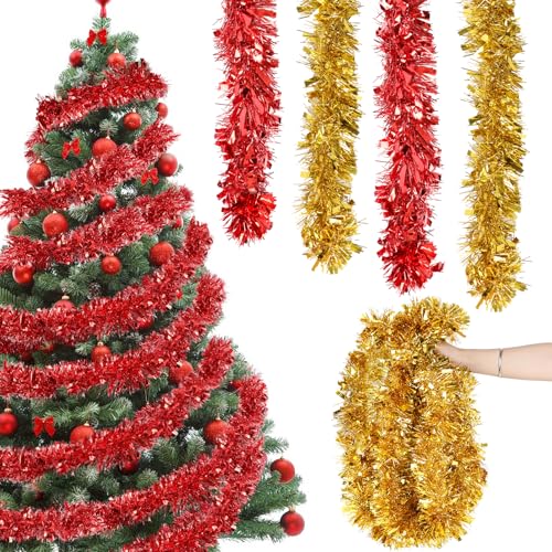 LOMIMOS 6 PCS Guirlande de Noël pour Sapin,Guirlandes Tinsel Noël Rouge et Or Décoration Intérieure et Extérieure pour Fête Anniversaire Mariage 2m *9cm