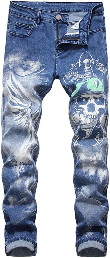 FHIORCK - Jeans da Uomo con Stampa di Teschio 3D, Taglia Grande, Aderenti,  con Ali dritte dipinte Blu Blu. 94 : Amazon.it: Abbigliamento