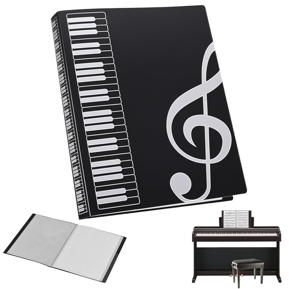 Noir Chemises pour Partitions en Plastique Imperméable | A4 Classeur Partition Musique, 40 Poches/80 Pages Dossier Feuilles de Musique, Porte Partition Chorale pour Partitions Piano