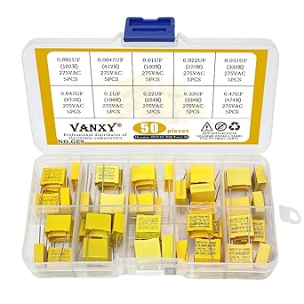 275VAC X2 MKP Safety Capacitor Kits 10Values*5Pcs=50Pcs 10mm Pitch 0.001UF 0.0047UF 0.01UF 0.022UF 0.033UF 0.047UF 0.1UF 0.22UF 0.33UF 0.47UF Polypropylene Film Capacitor Yellow