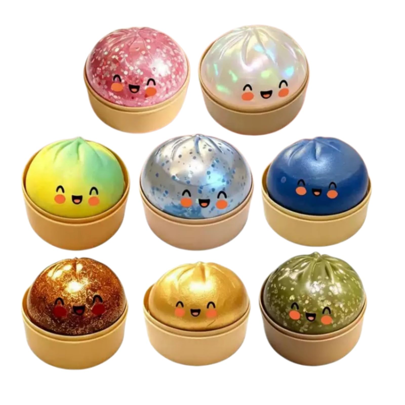 Squishys Dumplings Con Sorpresa – 8 Unidades De Bolitas De Vapor Anti-Estrés XXL Con Brillo Holográfico