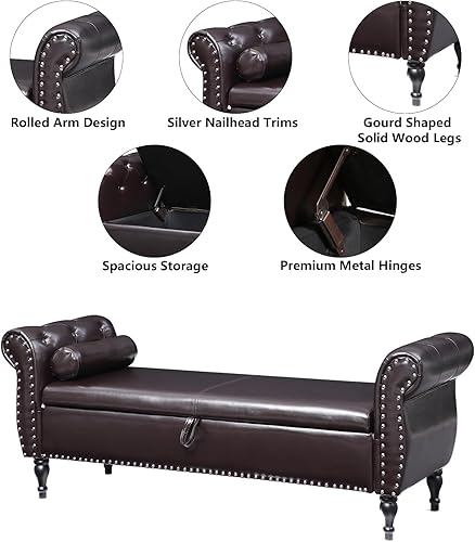 Miniatura 90 de Aoowow Banco de almacenamiento de 63 pulgadas para dormitorio, extremo de la cama, sofá otomano enrollado de tela de terciopelo armado, banco largo