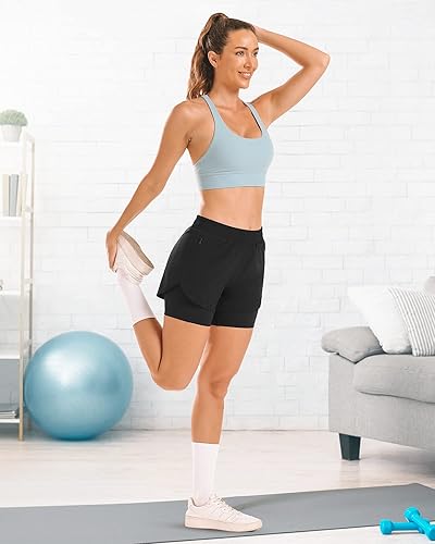 Miniatura 6 de Stelle Pantalones cortos de correr 2 en 1 para mujer, pantalones cortos deportivos de cintura alta, pantalones cortos de entrenamiento con forro y