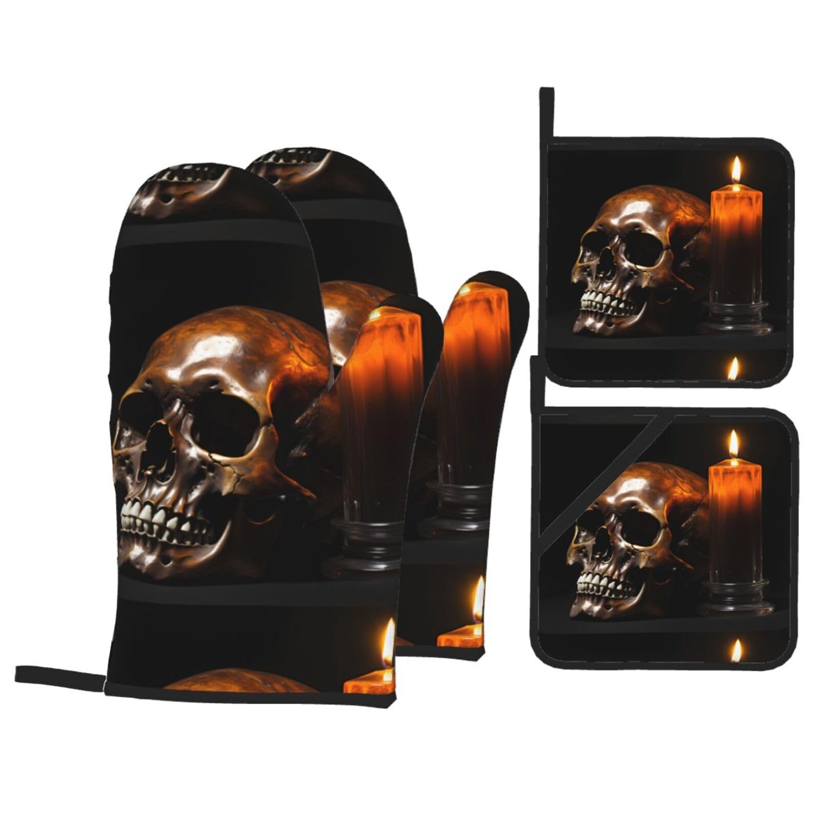 YYHWHJDE Skeleton by Candle Printed Kitchen Baking Set of 4 Thick Insulated Oven Mitt & Pot Holders, Anti-Scalding for Microwave, Oven, Outdoor BBQ