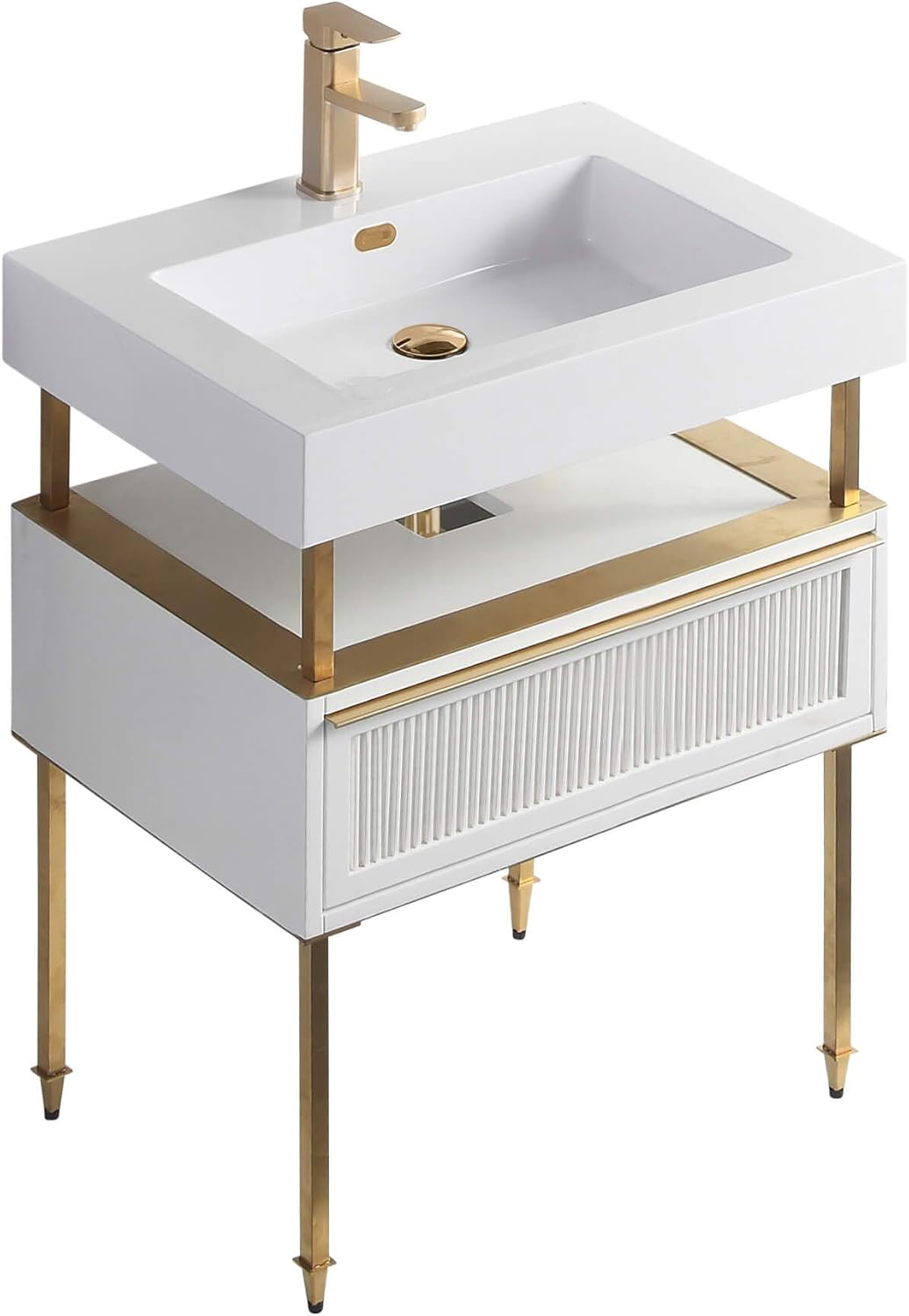 Fine Fixtures Dakota Collection 30 Inch Bathroom Vanity with Sink, Black Sink, White with Satin Brass Hardware, Full Assembly Required, Elegant Bathroom Vanities for Modern Homes
