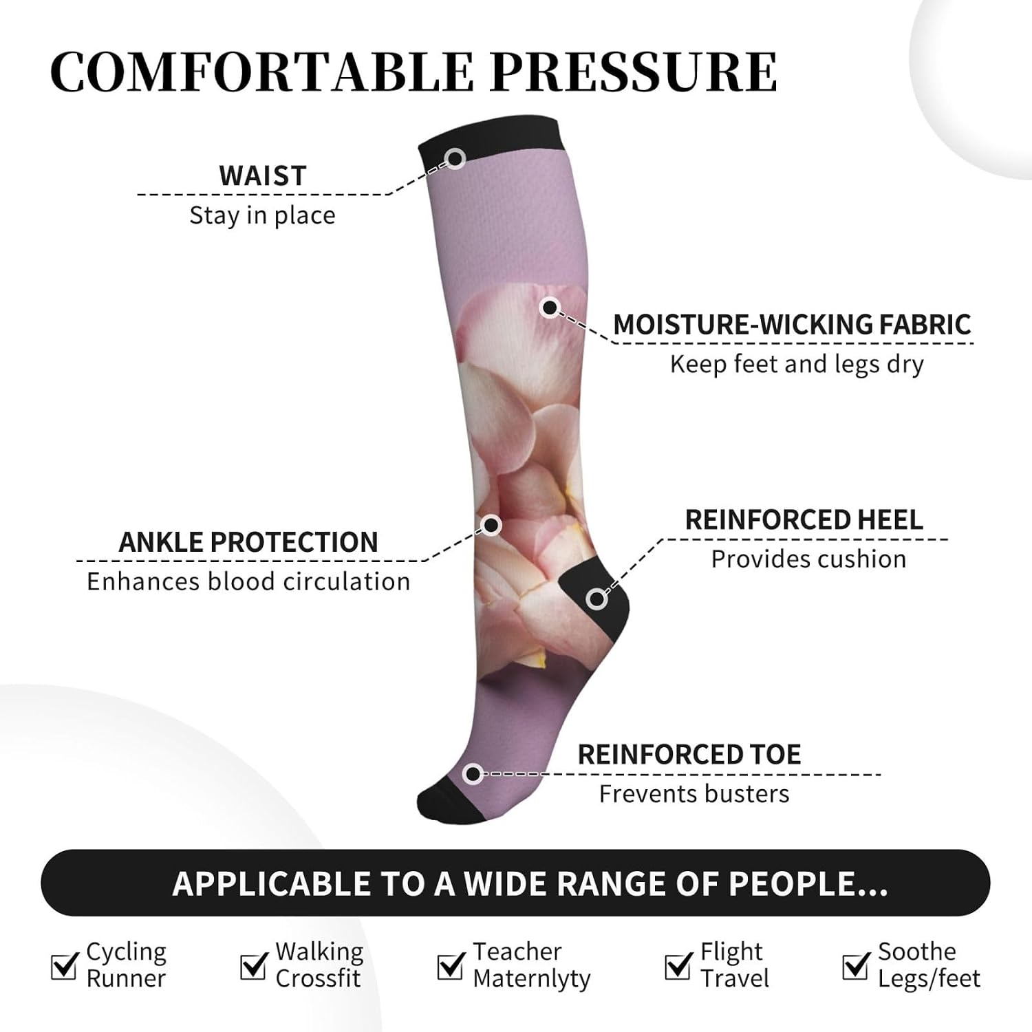 Heart Shaped Pink Rose Petals On Purple Background Tight Fitting Women'S Men'S Knee High Running Socks