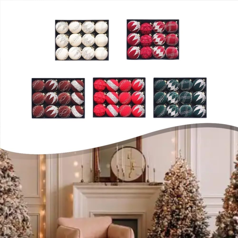 Juego de adornos de bolas de Navidad flocadas de 8 cm, 12 piezas de decoraciones de árbol con purpurina para decoración navideña y de temporada